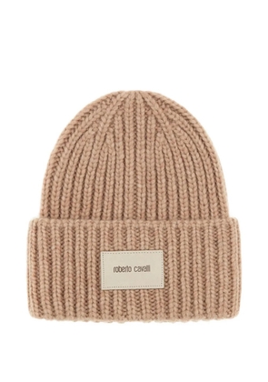 Roberto Cavalli logo-patch ribbed beanie hat - Neutrals