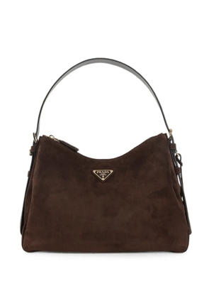 Prada logo-plaque suede shoulder bag - Brown