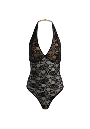 alice + olivia Lina plunging V-neck halter lace bodysuit - Black