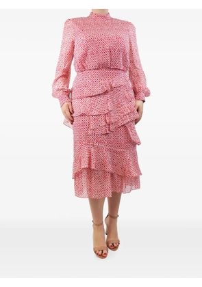 Saloni floral-print long-sleeve ruffled silk midi dress - Pink