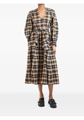 GANNI check-pattern seersucker midi dress - Brown