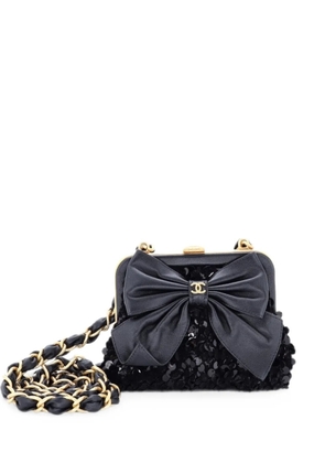 CHANEL Pre-Owned Bow Frame With Chain Sequin Embellished Tweed with Leather Mini clutch bag - Black