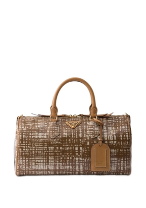 Prada medium linen blend and leather top-handle bag - Brown