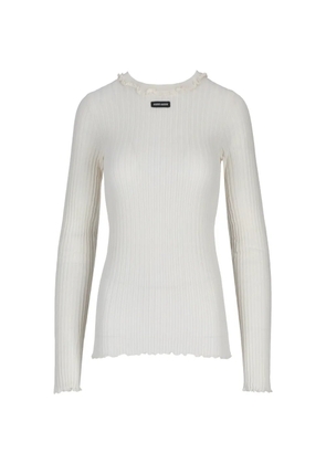 Miu Miu ruffle-trim ribbed-knit sweater - Neutrals