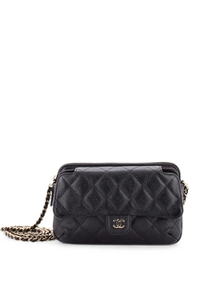 CHANEL Pre-Owned Foldable Classic Phone Holder with Chain Quilted Caviar with Printed Nylon shoulder bag - Black