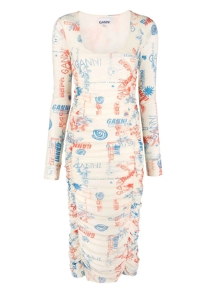 GANNI logo-print midi dress - Neutrals