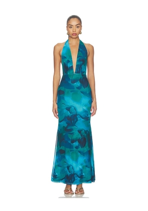 MORE TO COME Lailah Halter Maxi Dress in Blue. Size XXS. Also in XS, S, M, L, XL.