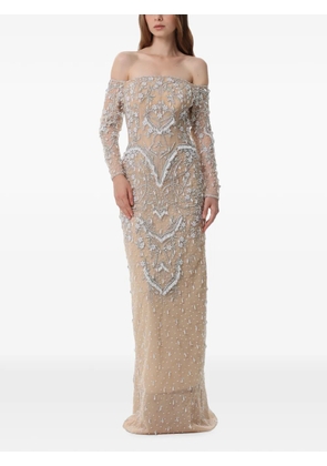 Dina Melwani crystal-embellished off-shoulder maxi dress - Neutrals