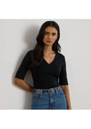 Stretch Cotton Elbow-Sleeve V-Neck Tee