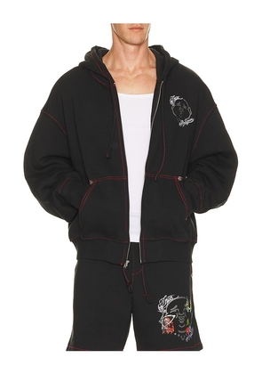 True Religion Buddha Face Big T Boxy Zip Up Hoodie in Black. Size L. Also in S, M, XL/1X.