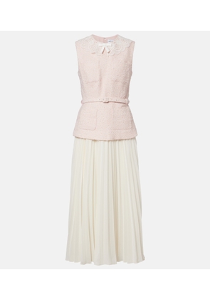 Self-Portrait Belted pleated boucle and chiffon midi dress