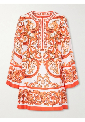 Dolce & Gabbana - Pleated Printed Silk-twill Mini Dress - Orange - IT36,IT38,IT40,IT42,IT44,IT50