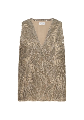 Brunello Cucinelli linen and cotton dazzling cacao leaves embroidery top - Gold