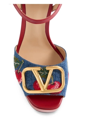 Valentino Garavani Vlogo Signature platform denim sandals with Cherryfic embroidery 115mm - Blue