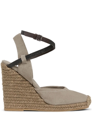 Brunello Cucinelli Monili-embellished suede wedge sandals - Neutrals