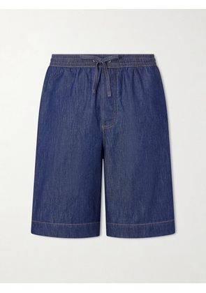 LOEWE - Wide-Leg Anagram-Detailed Cotton-Chambray Drawstring Shorts - Men - Blue - XS