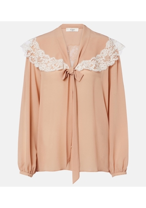 Chloe Lace-trimmed tie-neck silk blouse