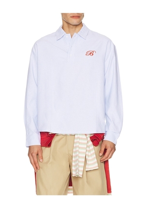 Bound Half Button Script Oxford Shirt in Blue. Size L. Also in S, XL/1X.