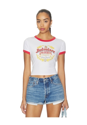 Junk Food Budweiser Ringer Baby Tee in White. Size L. Also in XS, S, M.