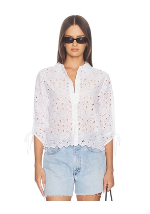 FRAME The Paisely Eyelet Cinch Sleeve Shirt in White. Size L. Also in XS, S, M.