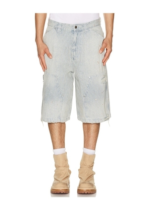 Jaded London Distressed Pinstripe Carpenter Jorts in Blue. Size 28. Also in 30, 32, 34, 36.