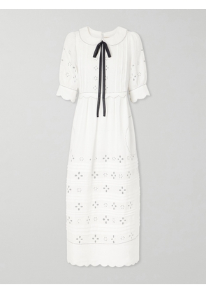Vita Kin - Bari Tie-detailed Broderie Anglaise-trimmed Linen Midi Dress - White - x small,small,medium,large