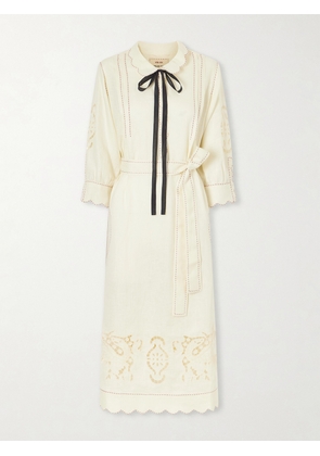 Vita Kin - Samarkand Broderie Anglaise-trimmed Belted Linen Midi Dress - Neutrals - x small,small,medium,large