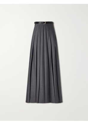 Self-Portrait - Belted Pleated Woven Grain De Poudre Maxi Skirt - Gray - UK 4,UK 6,UK 8,UK 10,UK 12,UK 14,UK 16