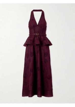 Self-Portrait - Belted Broderie Anglaise-trimmed Linen And Cotton-blend Peplum Midi Dress - Burgundy - UK 4,UK 6,UK 8,UK 10,UK 12,UK 14,UK 16