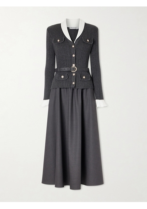 Self-Portrait - Belted Embellished Ribbed-knit And Twill Midi Dress - Gray - UK 4,UK 6,UK 8,UK 10,UK 12,UK 14,UK 16