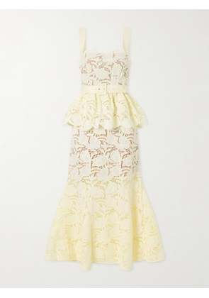 Self-Portrait - Belted Lace Peplum Midi Dress - Yellow - UK 4,UK 6,UK 8,UK 10,UK 12,UK 14,UK 16
