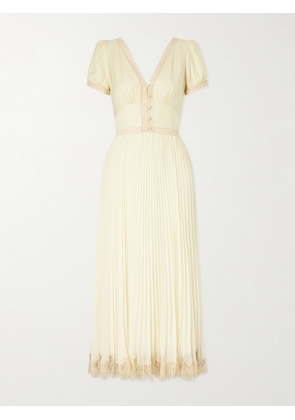 Self-Portrait - Lace-trimmed Pleated Crepe Midi Dress - Yellow - UK 4,UK 6,UK 8,UK 10,UK 12,UK 14,UK 16