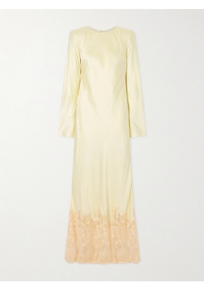 Self-Portrait - Lace-trimmed Satin Maxi Dress - Yellow - UK 4,UK 6,UK 8,UK 10,UK 12,UK 14,UK 16