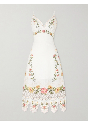 Farm Rio - Floral-embroidered Linen Midi Dress - Neutrals - xx small,x small,small,medium,large,x large