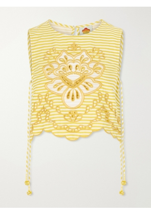 Farm Rio - Cropped Striped Broderie Anglaise-trimmed Linen-blend Tank - Yellow - xx small,x small,small,medium,large,x large