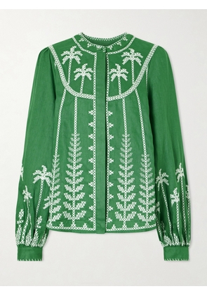 Farm Rio - Embroidered Linen Blouse - Green - xx small,x small,small,medium,large,x large