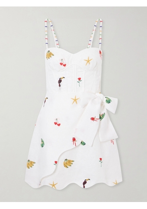 Farm Rio - Cool Day Scalloped Embroidered Linen Mini Dress - Neutrals - xx small,x small,small,medium,large,x large