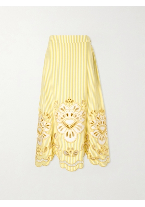 Farm Rio - Striped Broderie Anglaise-trimmed Linen-blend Midi Skirt - Yellow - xx small,x small,small,medium,large,x large