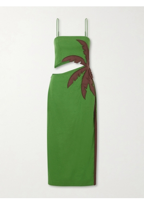 Farm Rio - Cut-out Linen-blend Midi Dress - Green - xx small,x small,small,medium,large,x large