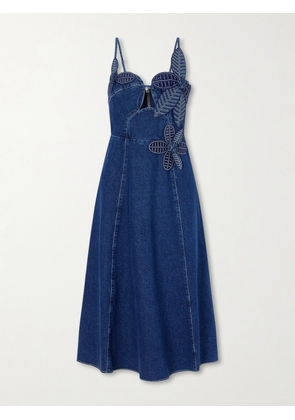 Farm Rio - Floral-appliquéd Denim Midi Dress - Blue - xx small,x small,small,medium,large,x large