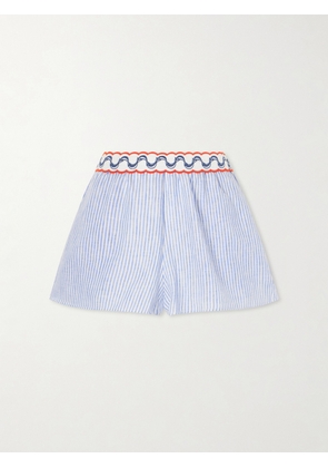 Farm Rio - Embroidered Striped Linen Shorts - Blue - x small,small,medium,large,x large