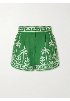 Farm Rio - Embroidered Linen Shorts - Green - xx small,x small,small,medium,large,x large
