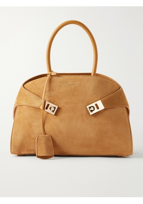 Ferragamo - Hug Small Embellished Leather-trimmed Suede Tote - Brown - One size