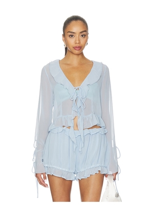 Milkwhite Ruffle Long Sleeve Shirt in Baby Blue. Size L. Also in XS, S, M.