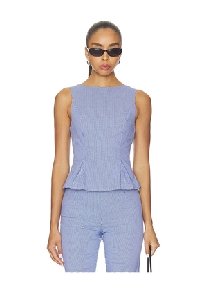 MORE TO COME Drea Peplum Top in Blue. Size L. Also in XXS, XS, S, M, XL.