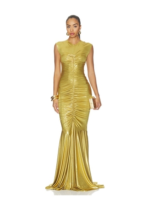 Norma Kamali Sleeveless V Neck Fishtail Gown in Metallic Gold. Size L. Also in XXS, XS, S, M, XL.