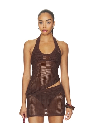 SNDYS Casey Crochet Halter Top in Brown. Size L. Also in M, S, XL, XS, XXS.