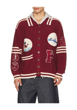 Found Varsity Patch Collared Cardigan in Red. Size L. Also in M, S, XL/1X, XXL/2X.