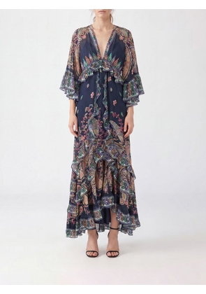 ETRO Paisley Embroidered Silk Midi Dress with Asymmetrical Hem and Long Sleeves