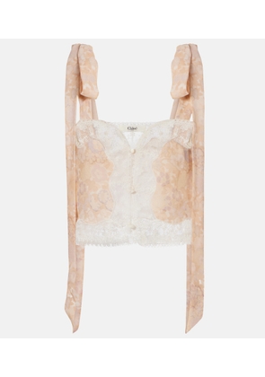 Chloe Floral lace-trimmed silk top